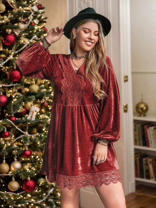 Plus Size Lace Detail V-Neck Long Sleeve Mini Dress - Trendsi - Flyclothing LLC