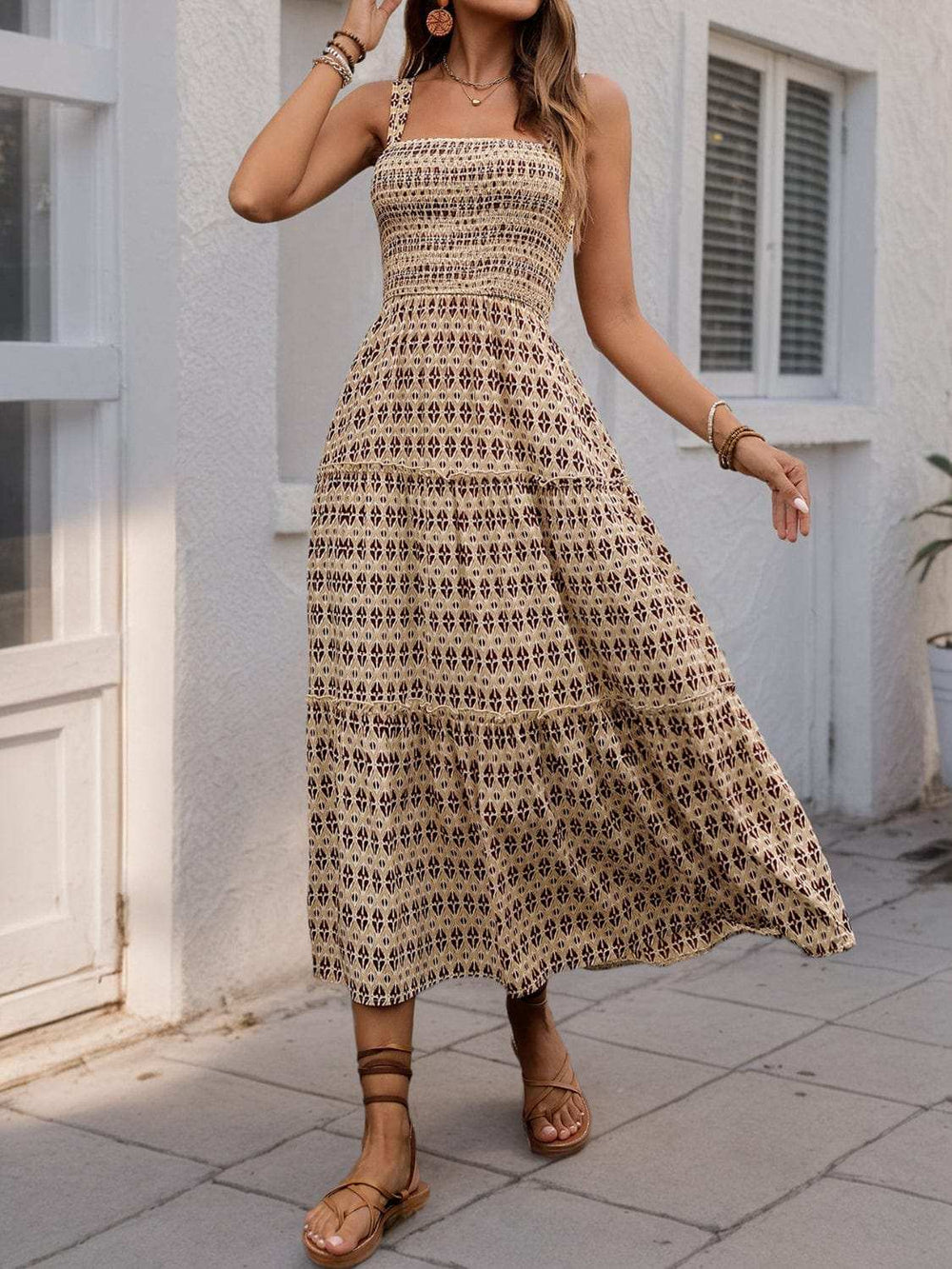 Printed Tiered Wide Strap Midi Dress - Trendsi - Flyclothing LLC