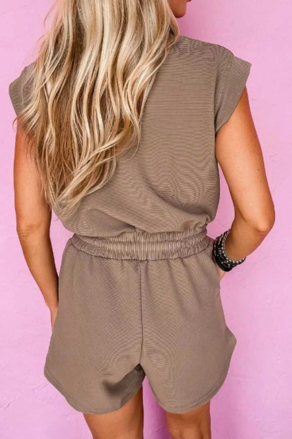 Textured Short Sleeve Half Zip Drawstring Waist Romper - Trendsi - Flyclothing LLC