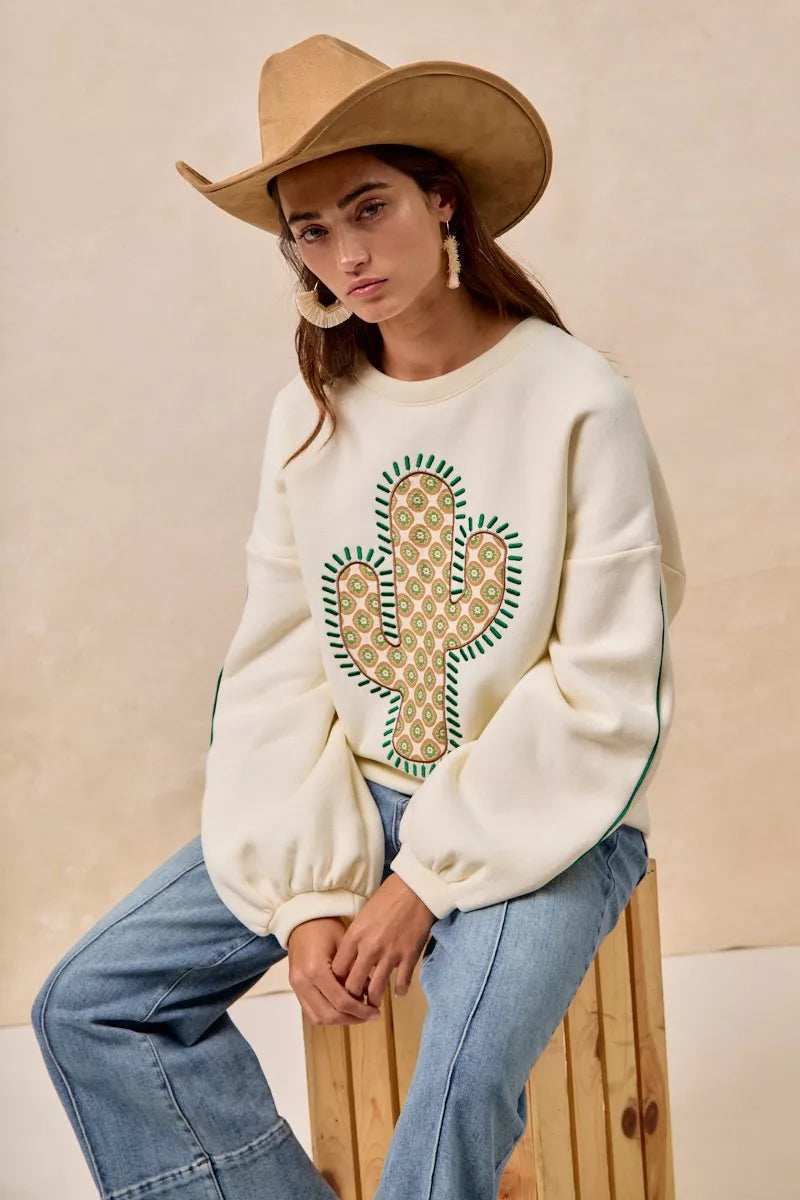 BiBi Cactus Embroidered Fleece Sweatshirt - Trendsi - Flyclothing LLC