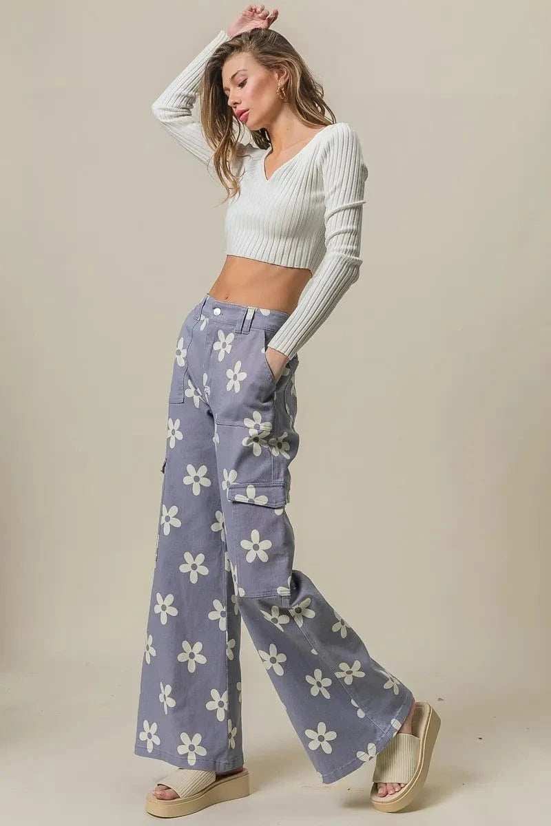 BiBi Flower Printed Side Pocket Wide Pants - Trendsi - Flyclothing LLC
