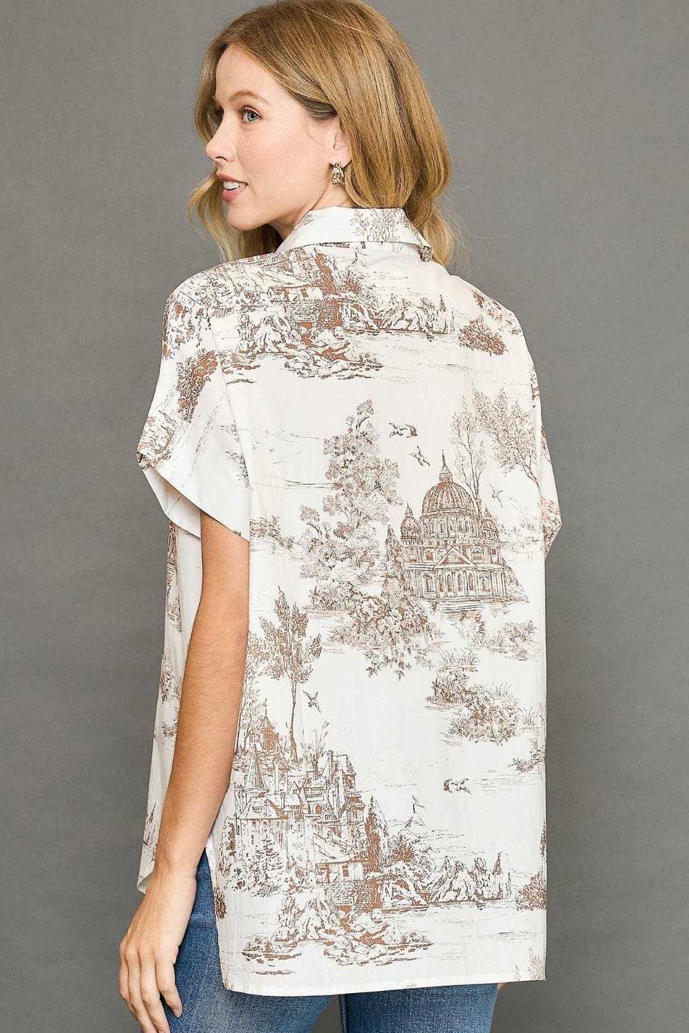 Umgee Full Size Two Tone Print Button Up Short Sleeve Shirt Plus Size - Trendsi - Flyclothing LLC