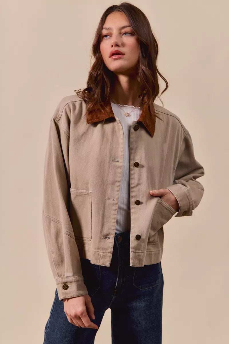 SO ME Cotton Twill Cropped Barn Jacket wtih Collar - Trendsi - Flyclothing LLC