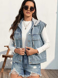 Drawstring Button Up Sleeveless Denim Jacket - Trendsi - Flyclothing LLC