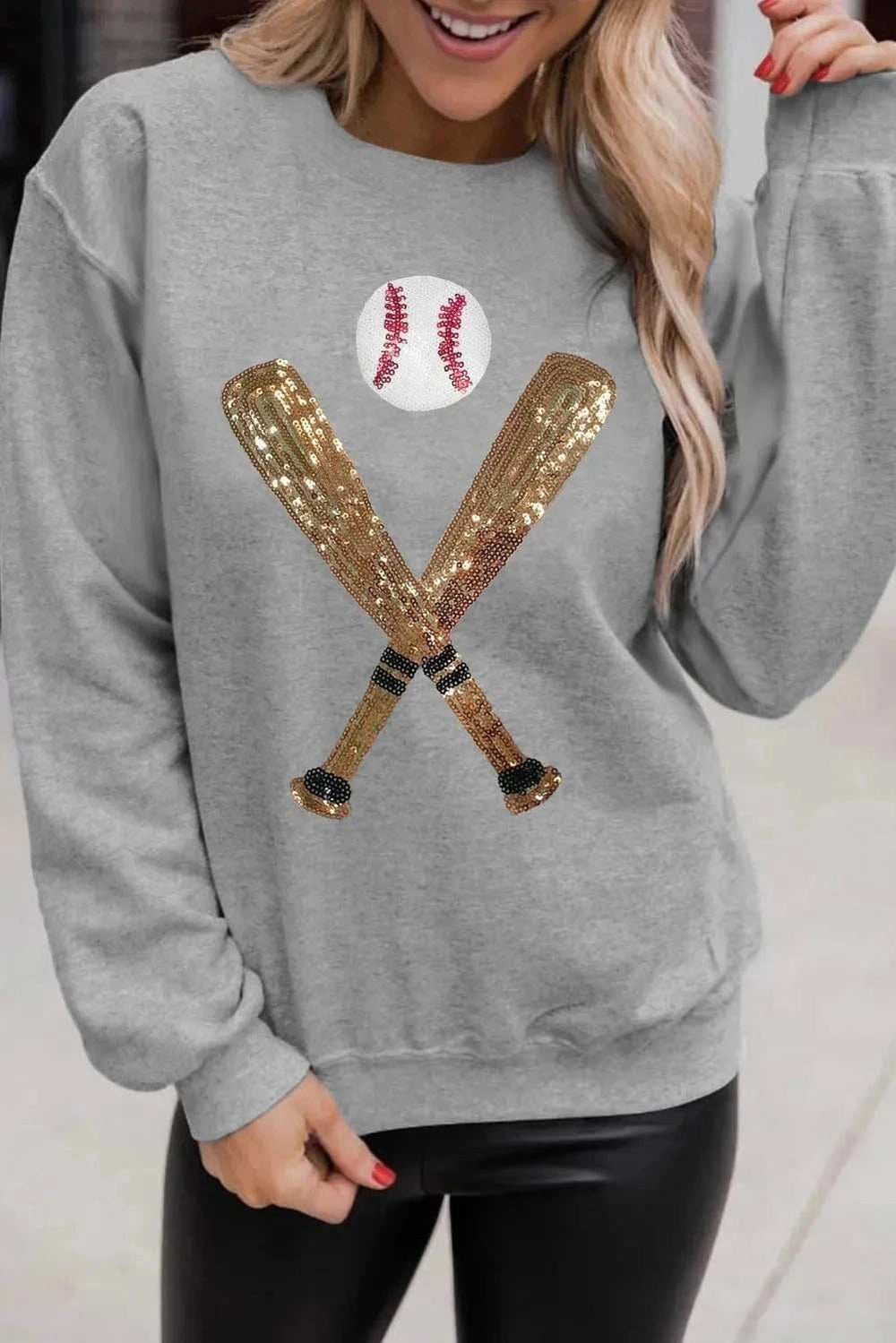 Sequin Baseball Long Sleeve Sweatshirt - Trendsi - Flyclothing LLC