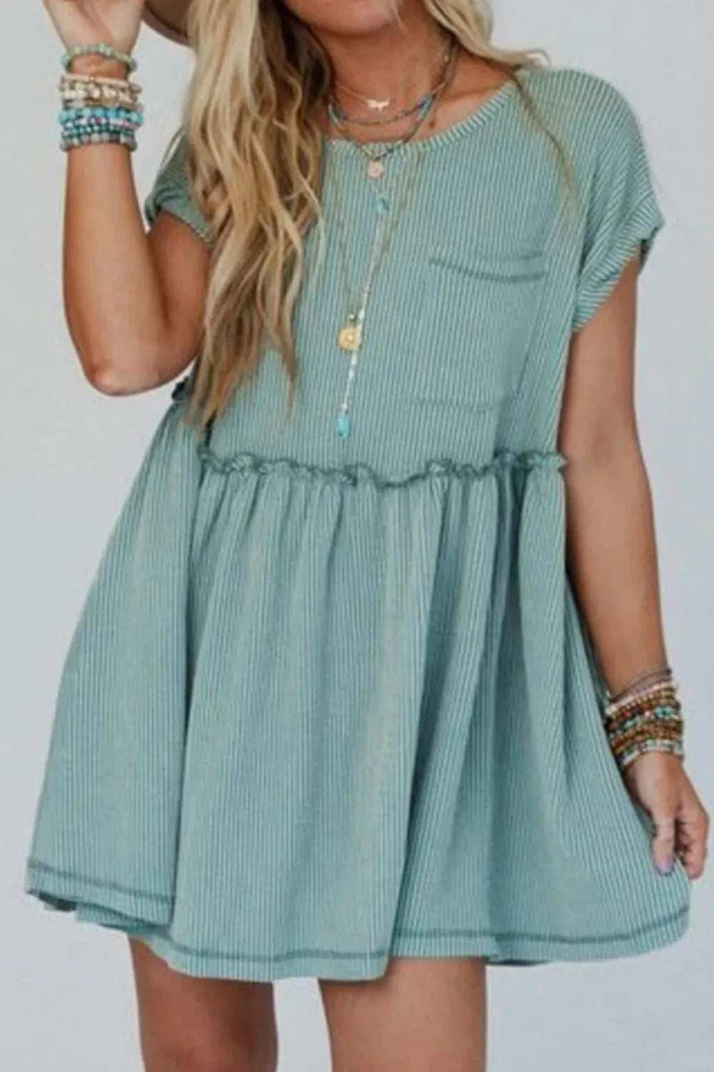 Frill Round Neck Cap Sleeve Mini Dress - Trendsi - Flyclothing LLC