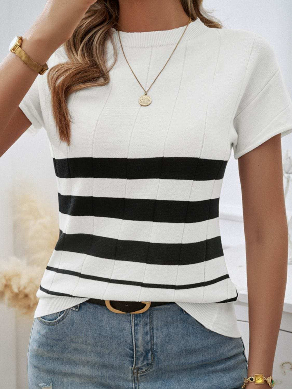 Striped Round Neck Short Sleeve Knit Top - Trendsi - Flyclothing LLC
