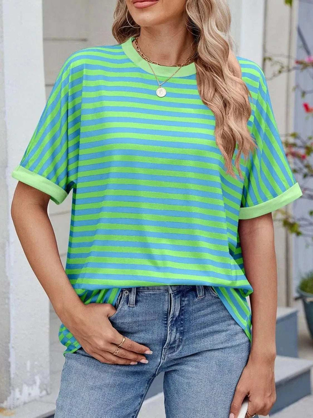 Striped Round Neck Half Sleeve T-Shirt - Trendsi - Flyclothing LLC