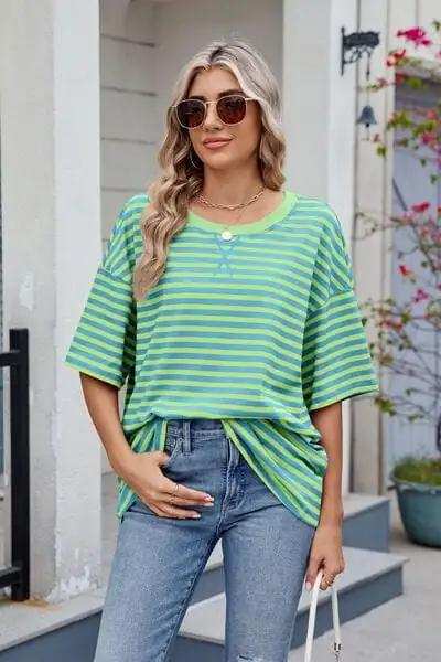 Contrast Striped Round Neck Half Sleeve T-Shirt - Trendsi - Flyclothing LLC