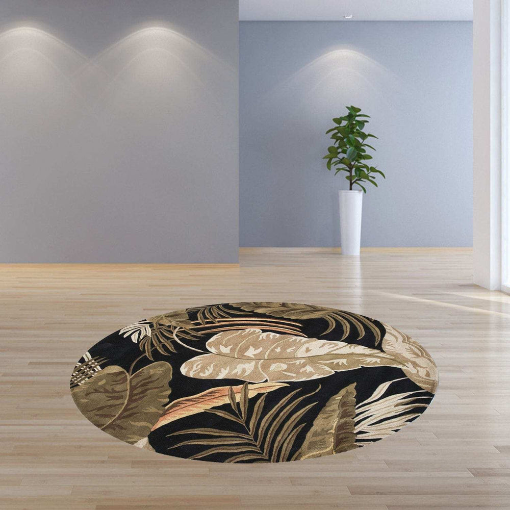 8' Midnight Black Hand Tufted Tropical Leaves Round Indoor Area Rug - Homeroots - Flyclothing LLC