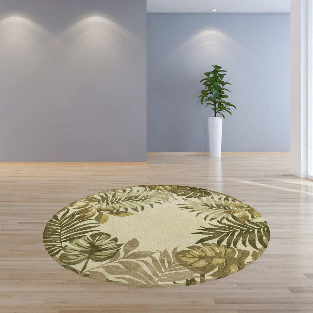 8' Ivory Hand Tufted Bordered Tropical Leaves Round Indoor Area Rug - Homeroots - Flyclothing LLC
