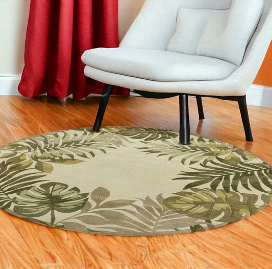 8' Ivory Hand Tufted Bordered Tropical Leaves Round Indoor Area Rug - Homeroots - Flyclothing LLC