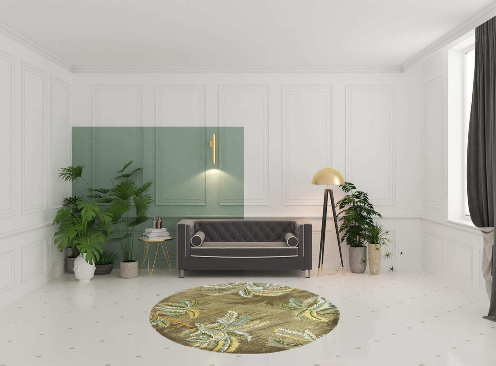 8' Moss Green Hand Tufted Tropical Trees Round Indoor Area Rug - Homeroots - Flyclothing LLC