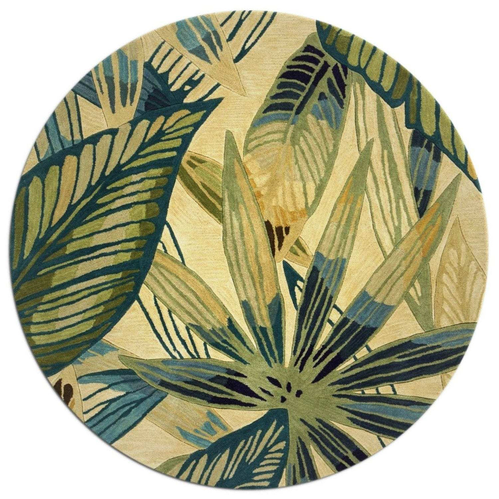 8' Ivory Teal Hand Tufted Tropical Leaves Round Indoor Area Rug - Homeroots - Flyclothing LLC