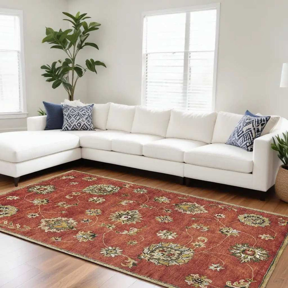 8' X 11' Sienna Orange Hand Tufted Allover Traditional Floral Indoor Area Rug - Homeroots - Flyclothing LLC