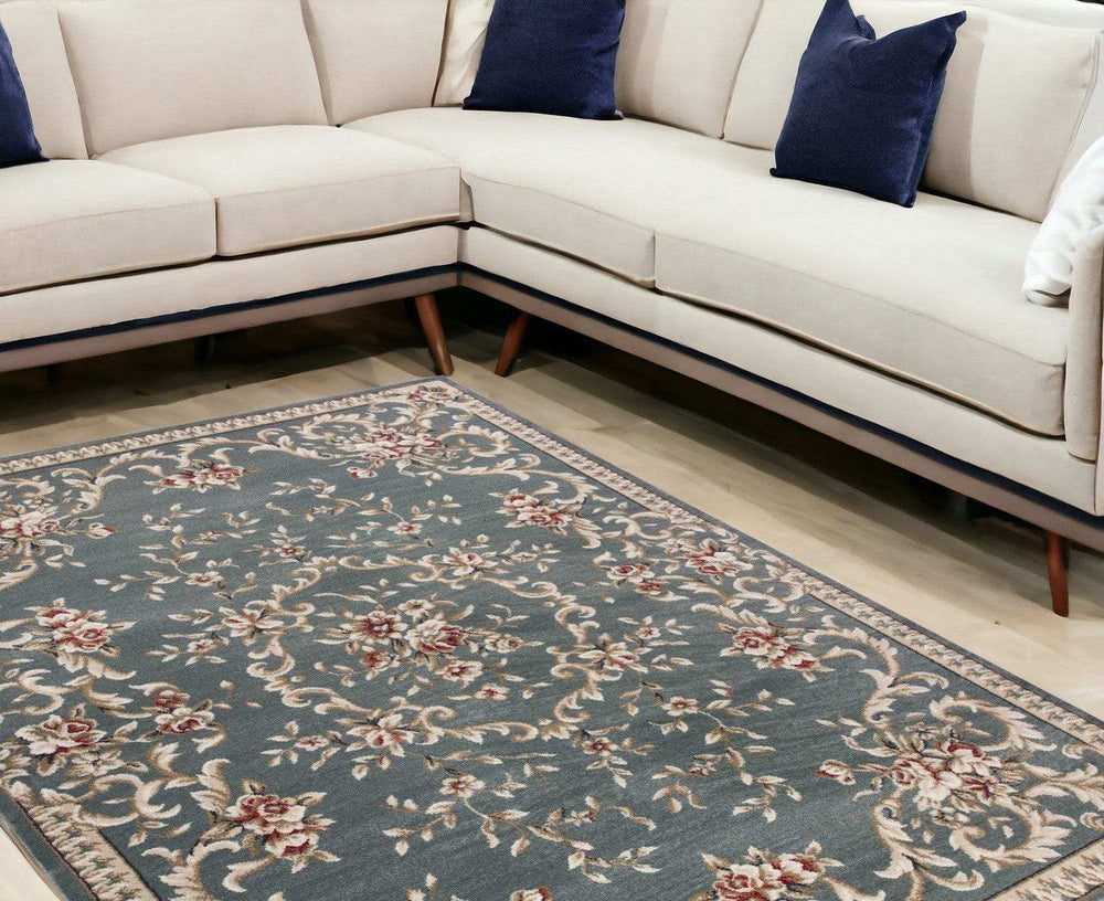 9' X 12' Slate Blue and Ivory Floral Area Rug - Homeroots - Flyclothing LLC