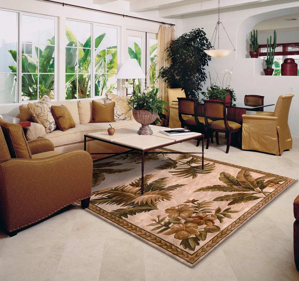 8' X 11' Wool Ivory With Laurel Border Palm Tree Area Rug - Homeroots - Flyclothing LLC