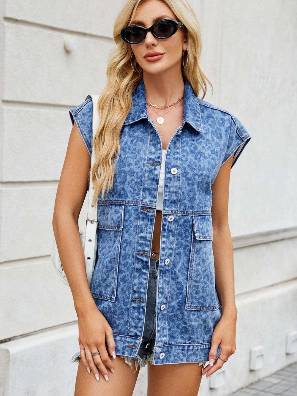 Leopard Button Up Cap Sleeve Denim Jacket - Trendsi - Flyclothing LLC
