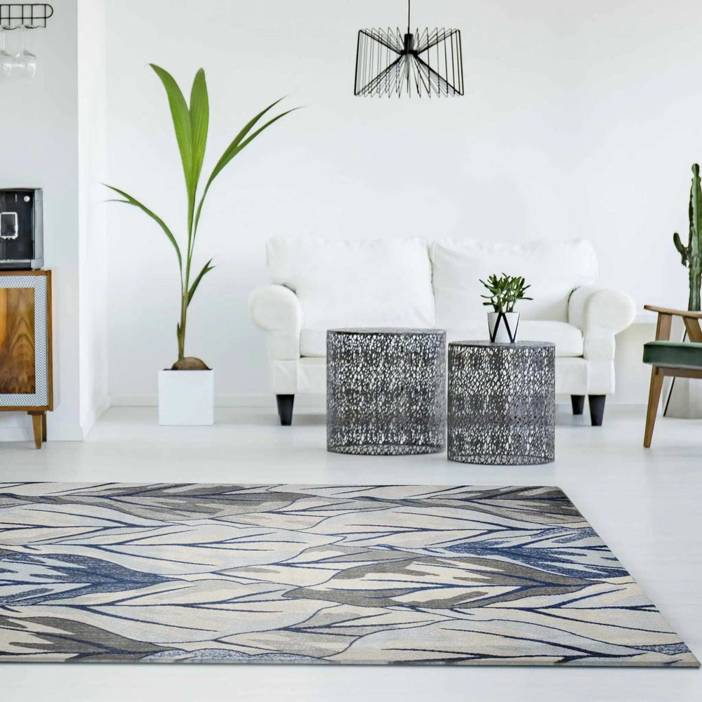 10' X 13' Grey Navy Blue Machine Woven Tropical Leaves Indoor Area Rug - Homeroots - Flyclothing LLC