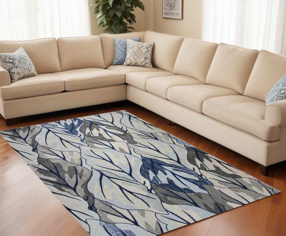 10' X 13' Grey Navy Blue Machine Woven Tropical Leaves Indoor Area Rug - Homeroots - Flyclothing LLC