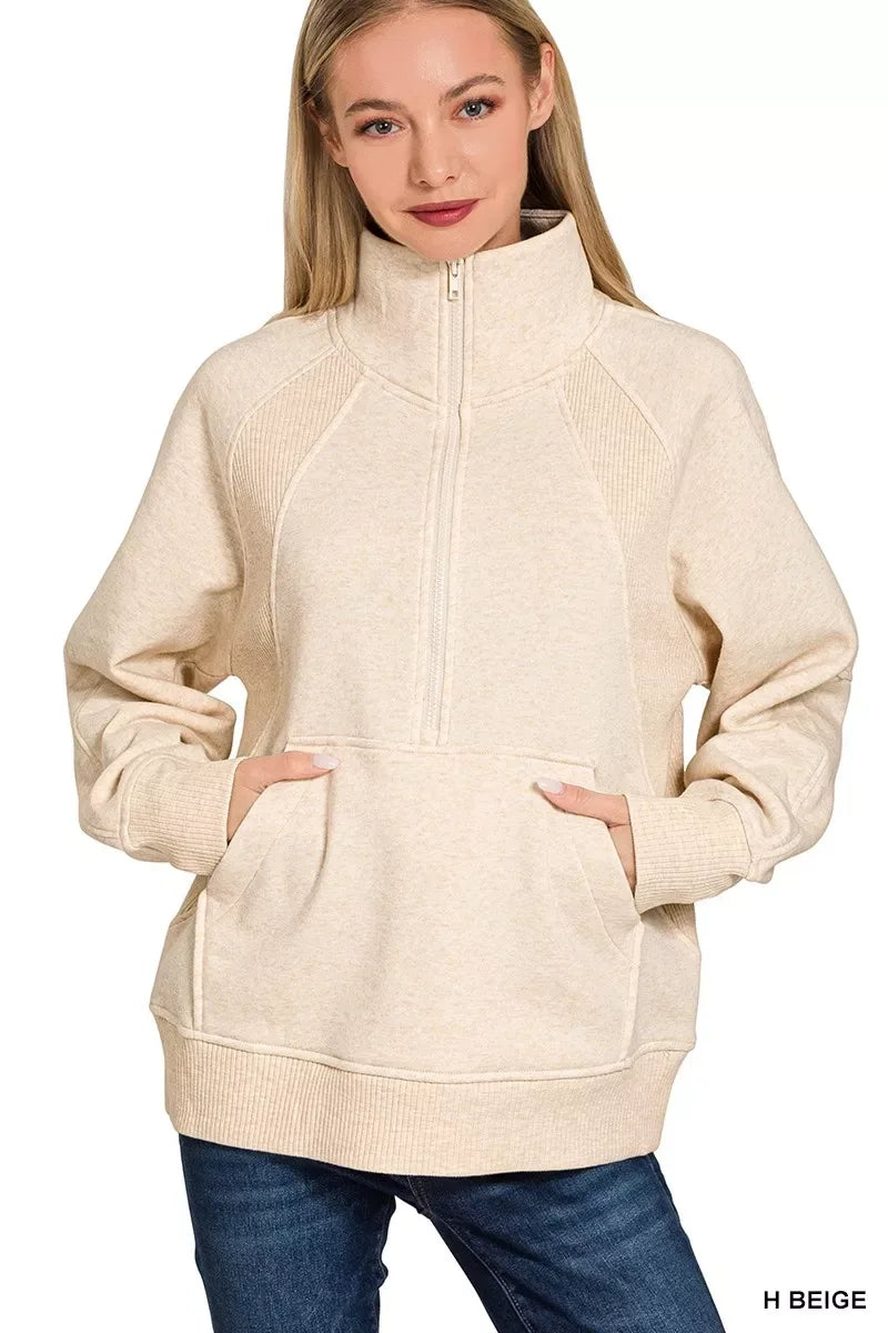 Zenana Half Zip Fleece Sweatshirt with kangaroo Pocket - Trendsi - Flyclothing LLC