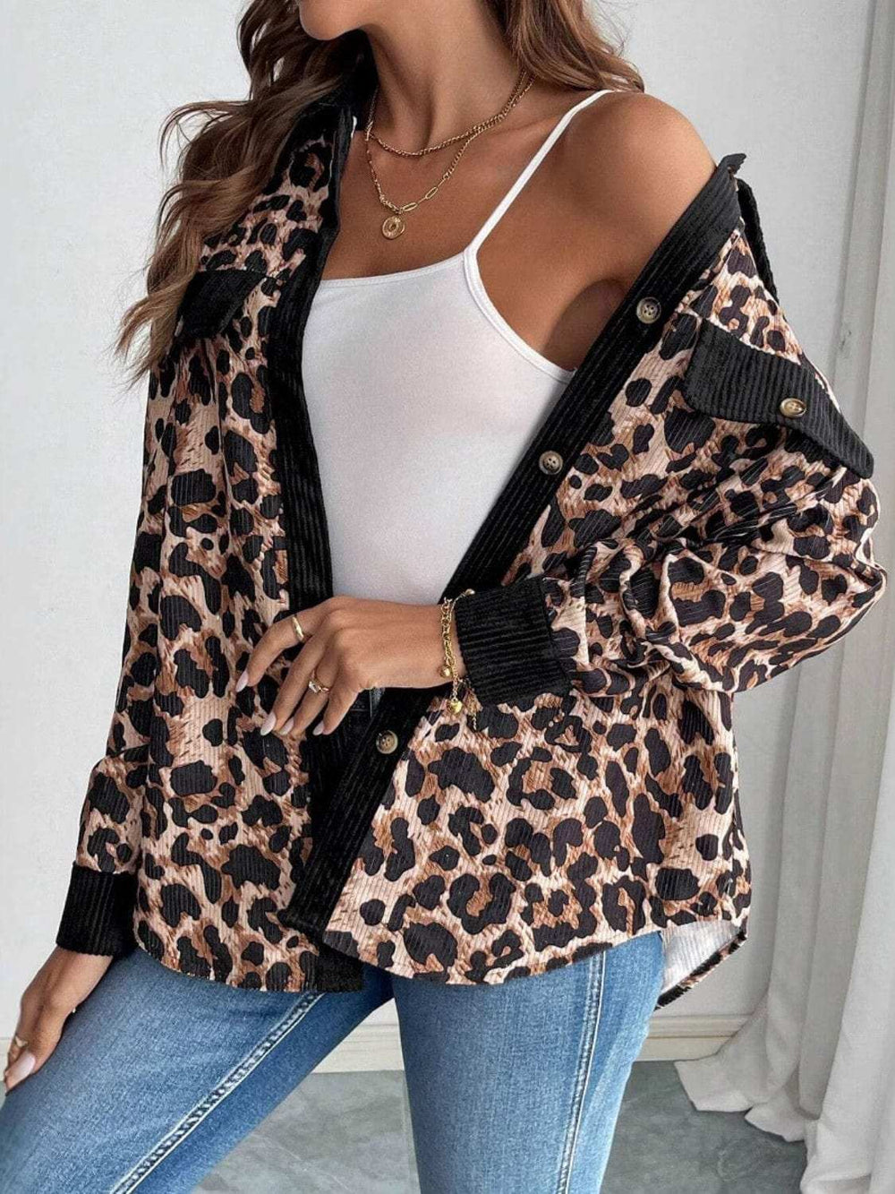 Leopard Collared Neck Button Up Shacket - Trendsi - Flyclothing LLC