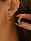 18K Gold-Plated Textured Triple Band Hoop Earrings - Trendsi - Flyclothing LLC