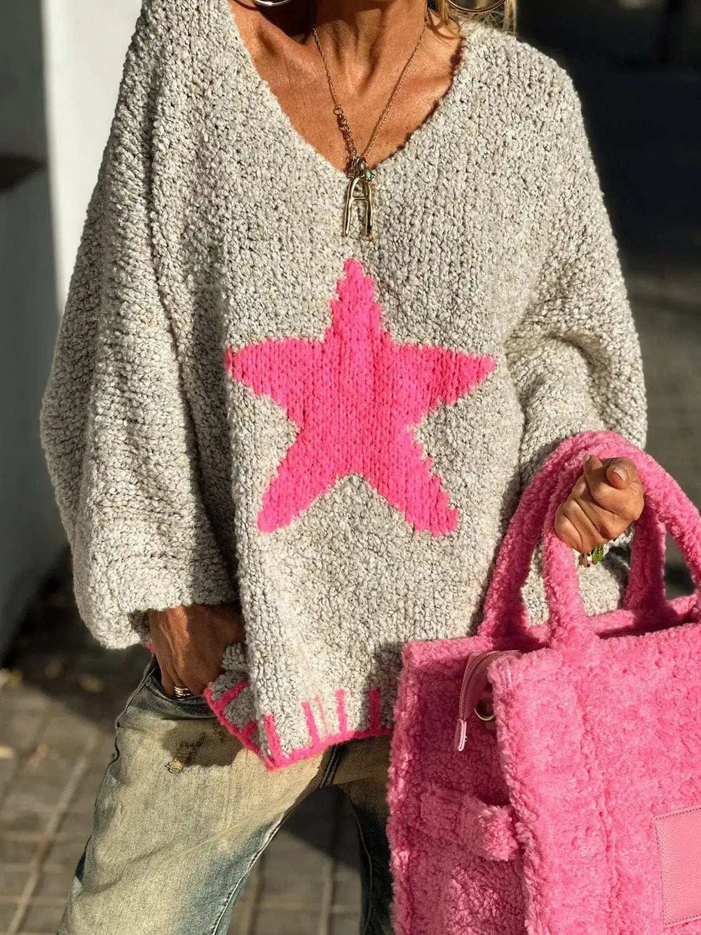 Star V-Neck Long Sleeve Oversize Sweater - Trendsi - Flyclothing LLC