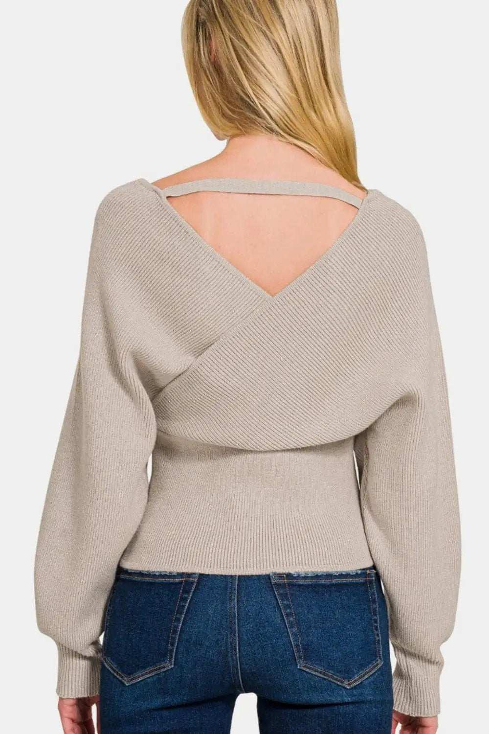 Zenana Cross Wrap Rib Long Sleeve Sweater - Trendsi - Flyclothing LLC