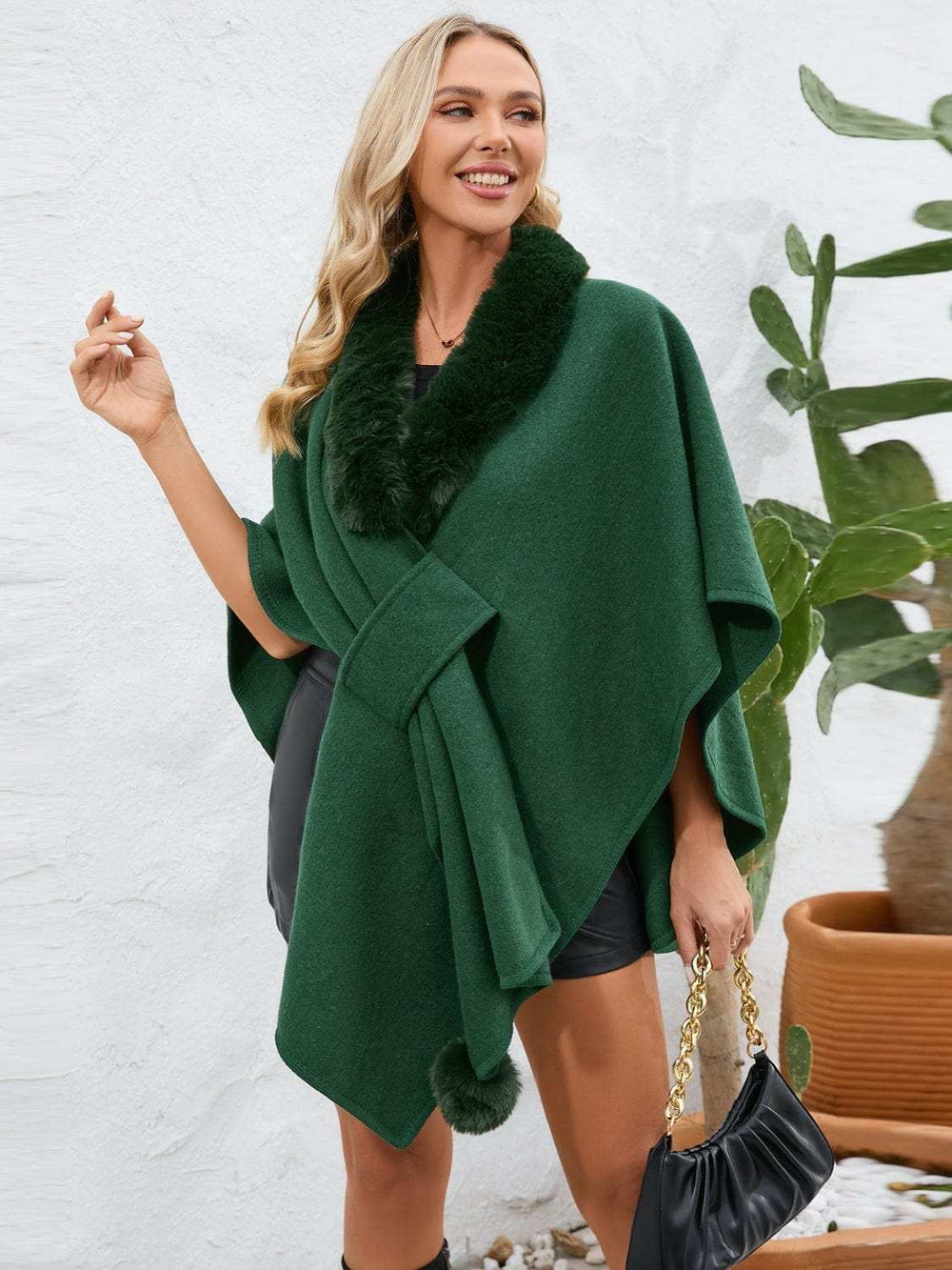 Fuzzy Trim Open Front Poncho - Trendsi - Flyclothing LLC