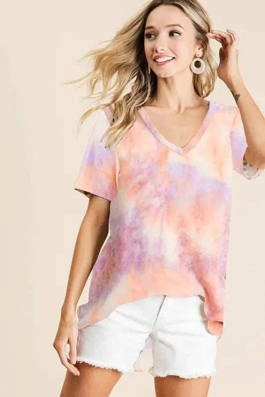 BiBi Tie Dye French Terry V Neck Top - Trendsi - Flyclothing LLC