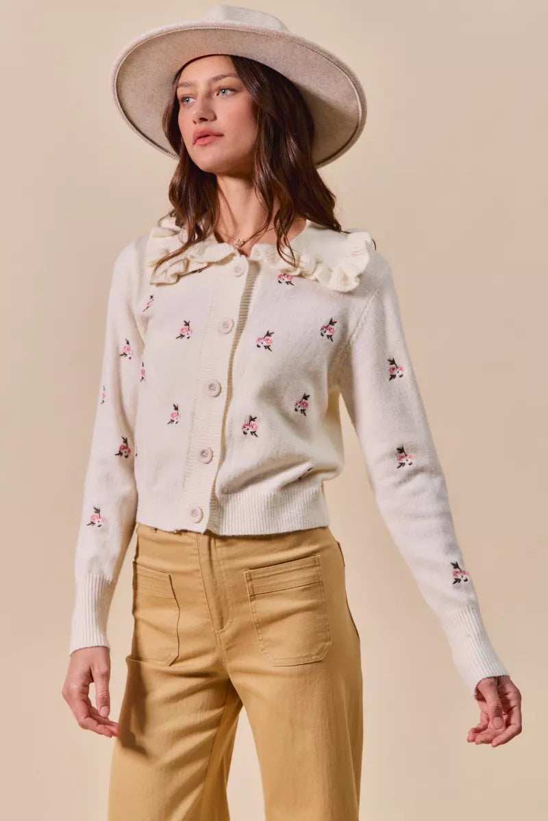 SO ME Collared Floral Embroidered Button Down Sweater Cardigan - Trendsi - Flyclothing LLC