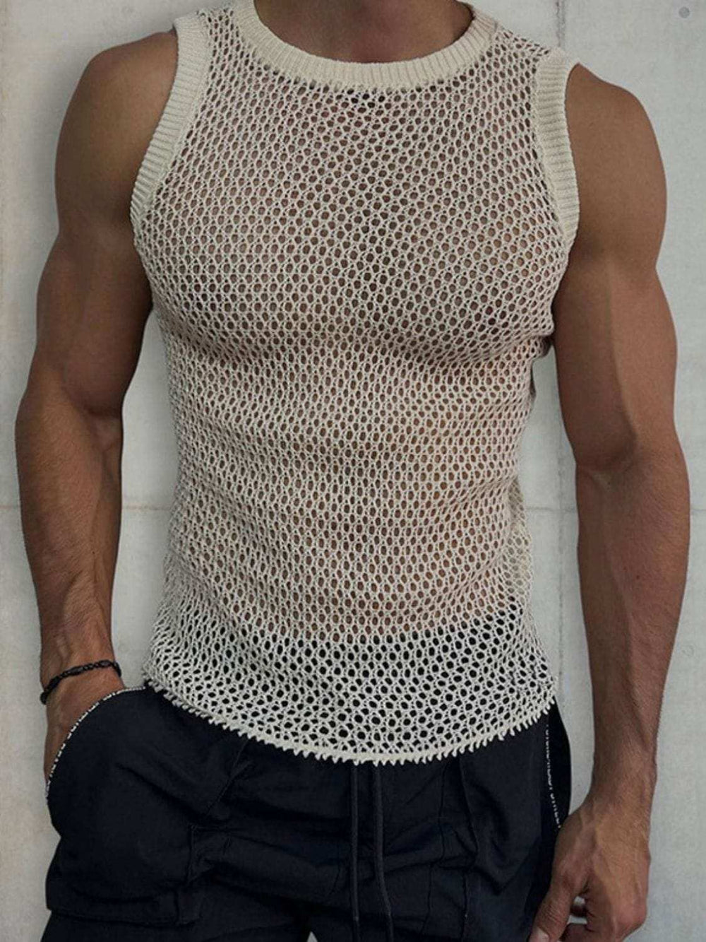 Men's Round Neck Hollow Out Sleeveless Knit Top - Trendsi - Flyclothing LLC