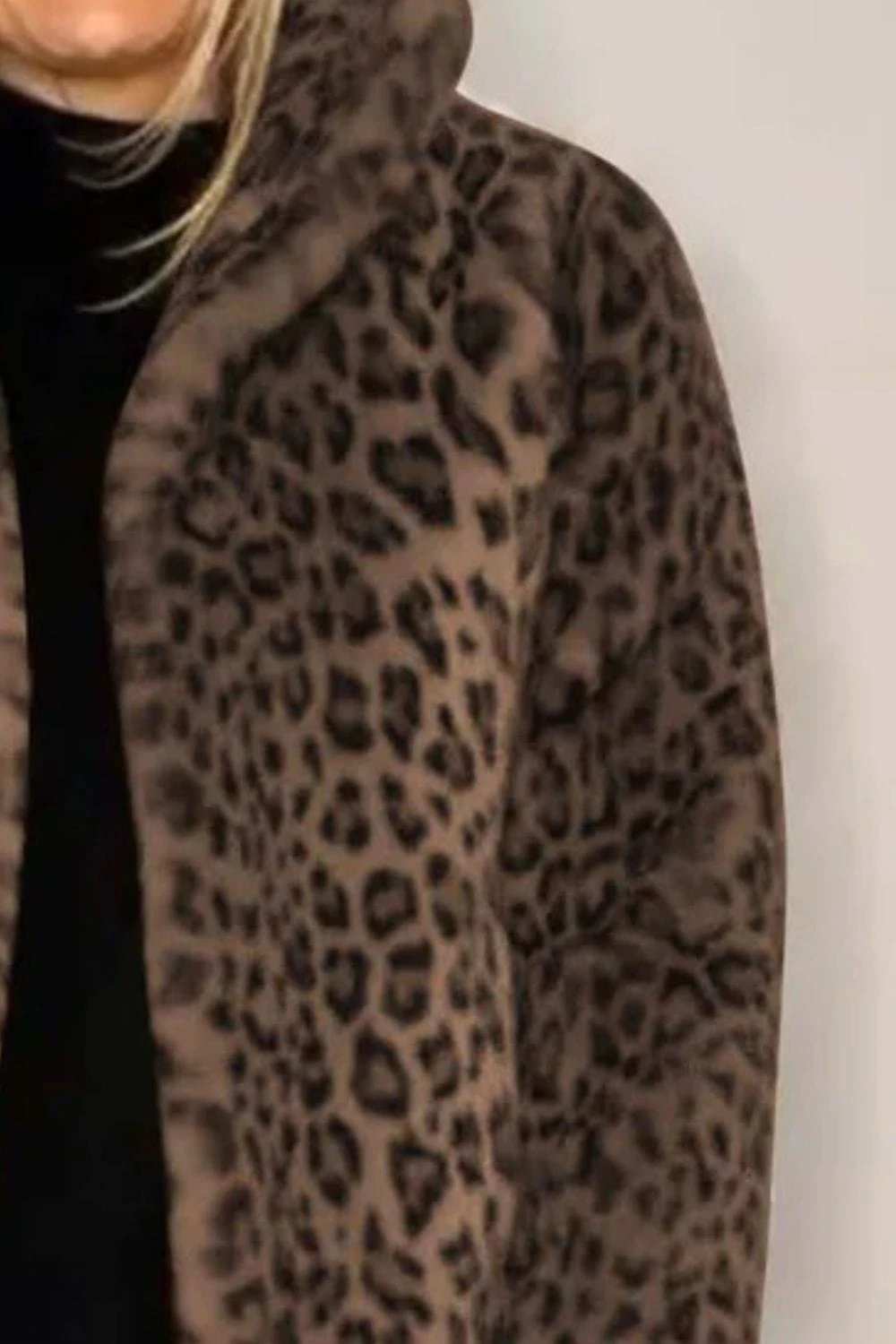 Full Size Leopard Furry Collared Neck Long Sleeve Coat - Trendsi - Flyclothing LLC