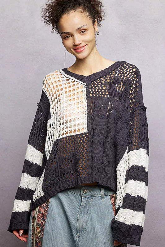 POL Color-Blocked Stripe Pattern Knit Top with Twisted Weave - Trendsi - Flyclothing LLC