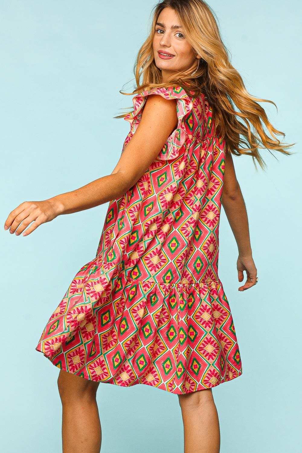 Haptics Full Size Ruffled Printed Dress with Side Pockets - Trendsi - Flyclothing LLC