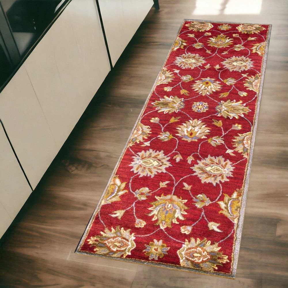 2' X 7' Red Floral Vines Bordered Wool Runner Rug - Homeroots - Flyclothing LLC
