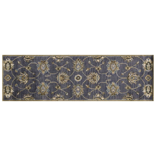 7' Midnight Blue Hand Tufted Wool Traditional Floral Indoor Runner Rug - Homeroots - Flyclothing LLC