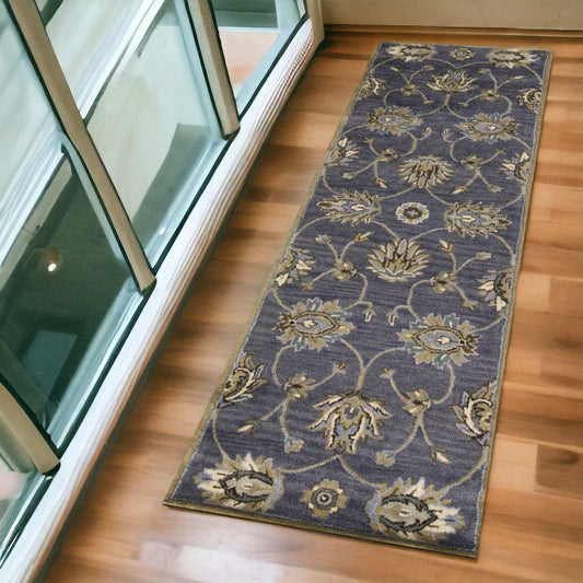 7' Midnight Blue Hand Tufted Wool Traditional Floral Indoor Runner Rug - Homeroots - Flyclothing LLC