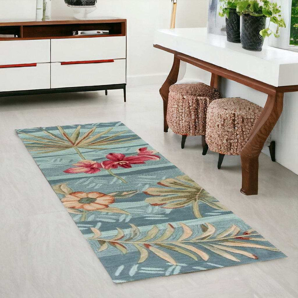 2' X 7' Seafoam Tropical Leaves Runner Rug - Homeroots - Flyclothing LLC