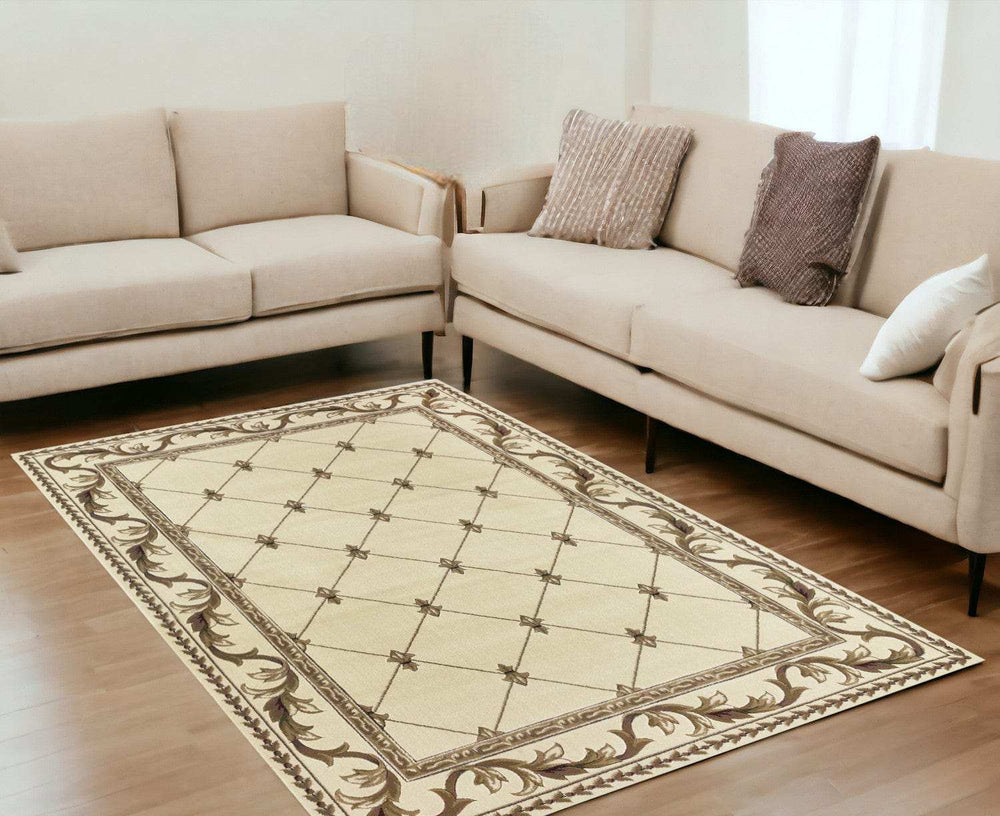 5' X 8' Ivory Machine Woven Hand Carved Fleur De Lis Indoor Area Rug - Homeroots - Flyclothing LLC