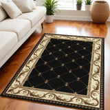 5' X 8' Black and Tan Fleur de Lis Diamond Border Area Rug - Homeroots - Flyclothing LLC