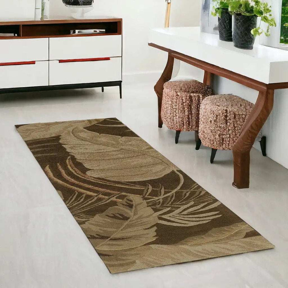 8' Mocha Brown Hand Tufted Tropical Leaves Indoor Runner Rug - Homeroots - Flyclothing LLC