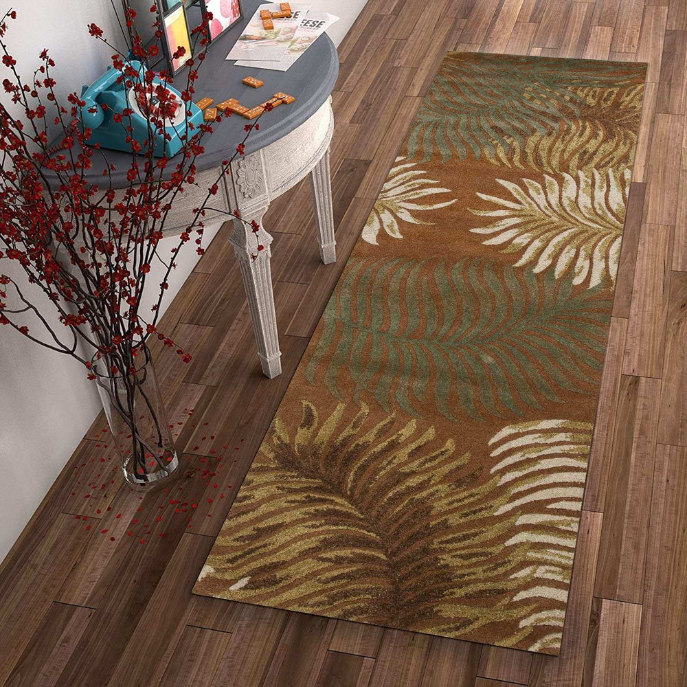8' Rust Orange Hand Tufted Tropical Leaves Indoor Runner Rug - Homeroots - Flyclothing LLC