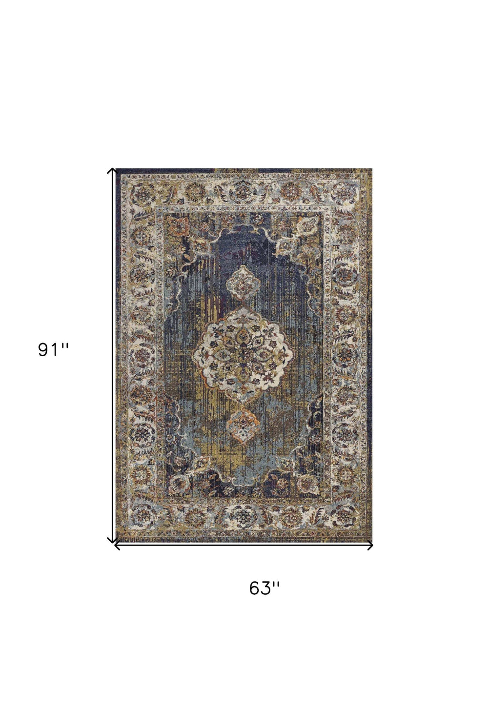 5' X 8' Navy Gold and Ivory Floral Medallion Area Rug - Homeroots - Flyclothing LLC