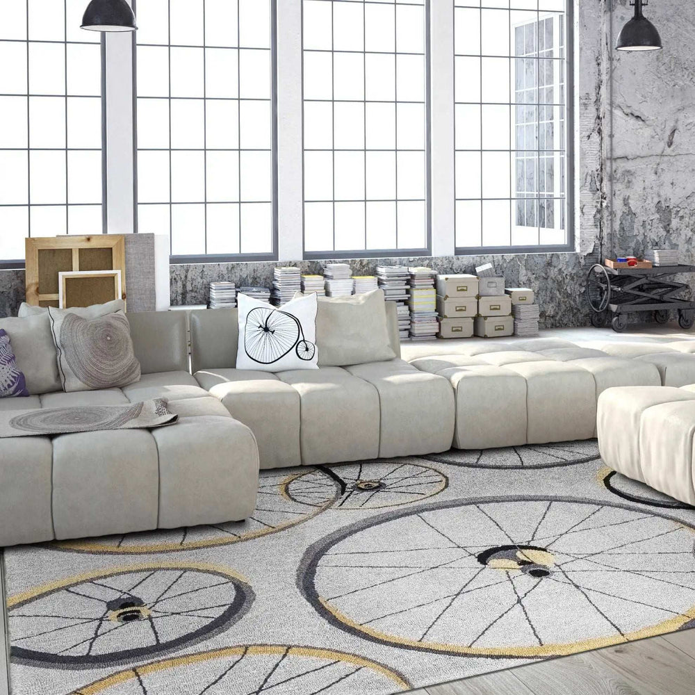 5' X 8' Grey Hand Hooked Wheels Indoor Area Rug - Homeroots - Flyclothing LLC