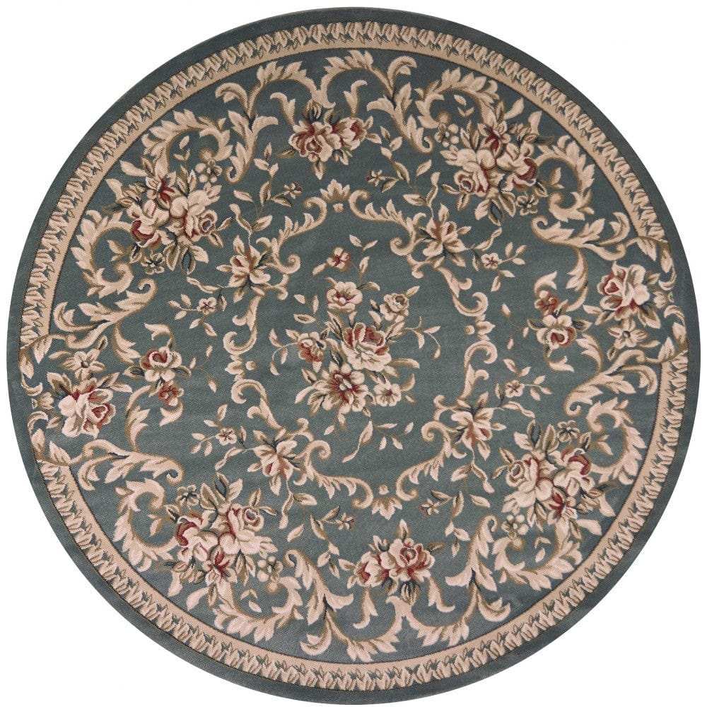 8' Round Slate Blue Floral Vine Bordered Indoor Area Rug - Homeroots - Flyclothing LLC