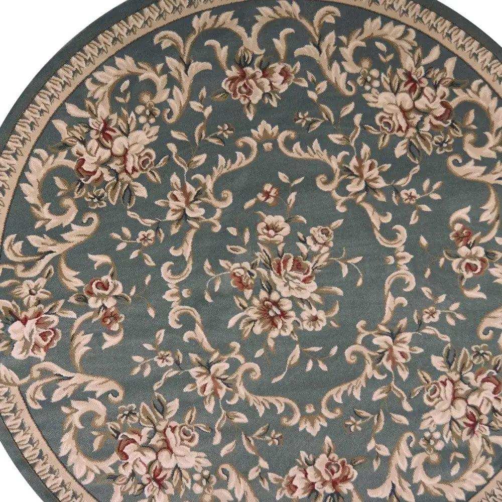 8' Round Slate Blue Floral Vine Bordered Indoor Area Rug - Homeroots - Flyclothing LLC