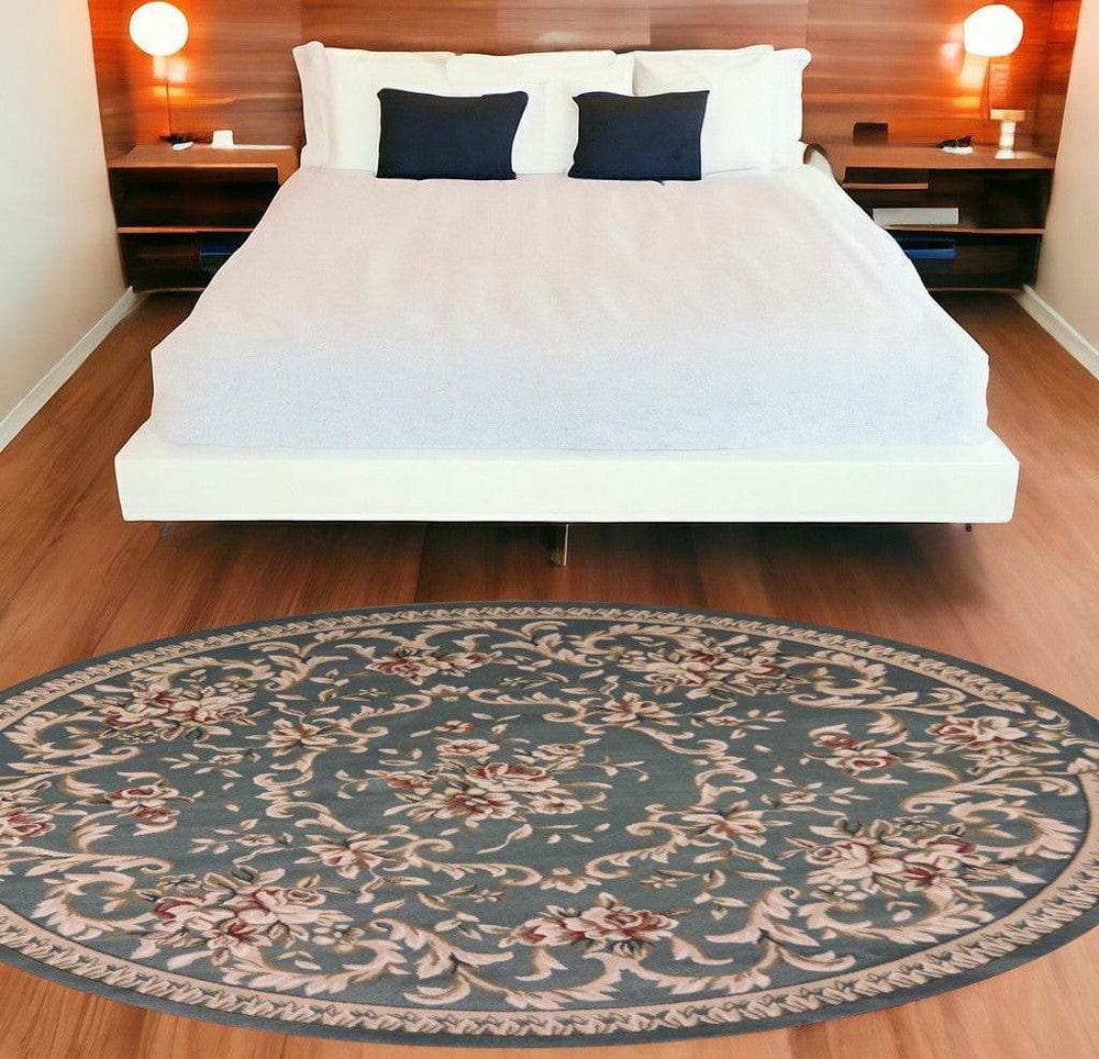 8' Round Slate Blue Floral Vine Bordered Indoor Area Rug - Homeroots - Flyclothing LLC