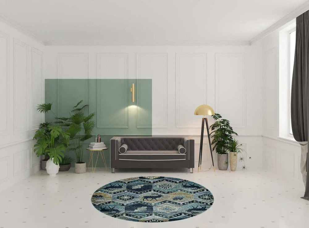 8' Blue And Green Round Geometric Area Rug - Homeroots - Flyclothing LLC